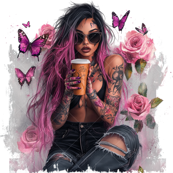 Термонаклейка на одежду стилизация девушка с розовыми бабочками и цветами