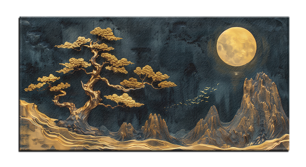 позолоченная картина дерева на фоне гор и луны
