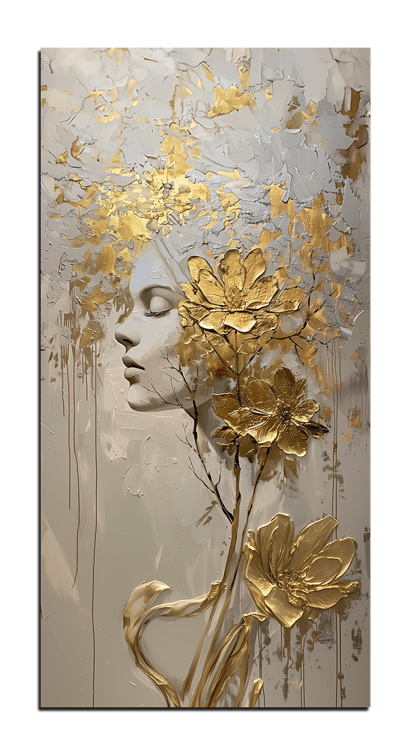 позолоченная картина девушка с цветами