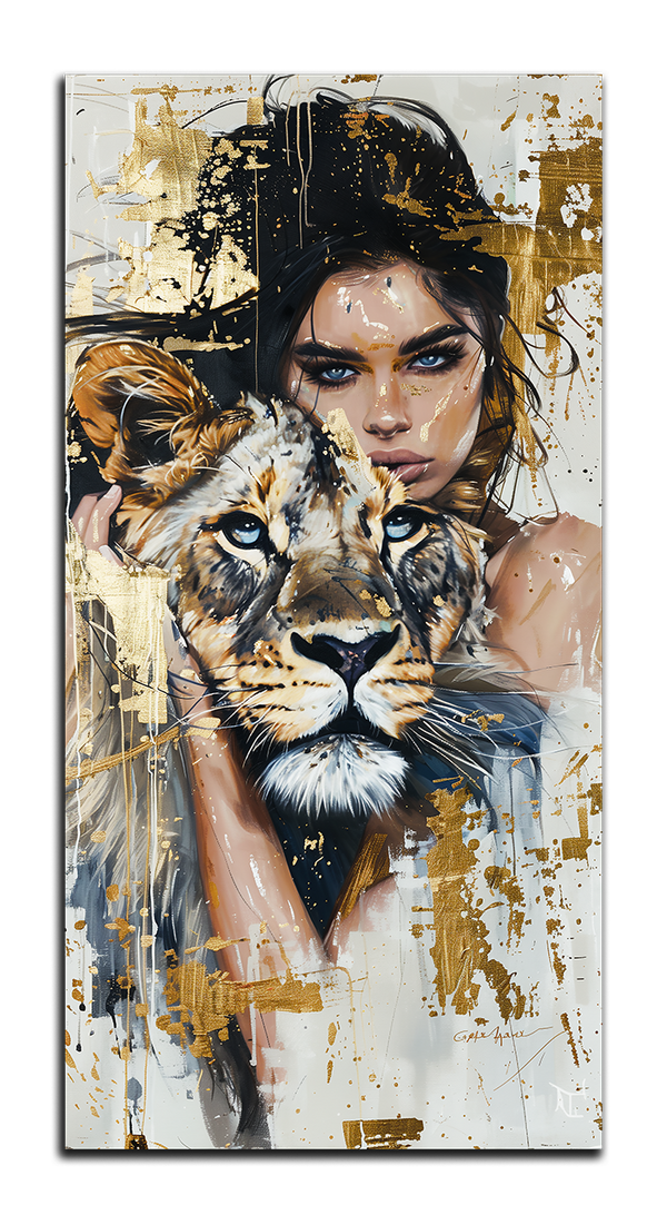 картина с золотом,позолота "девушка и лев""