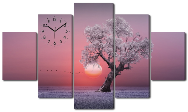 Дерево на фоне заката и  птицы